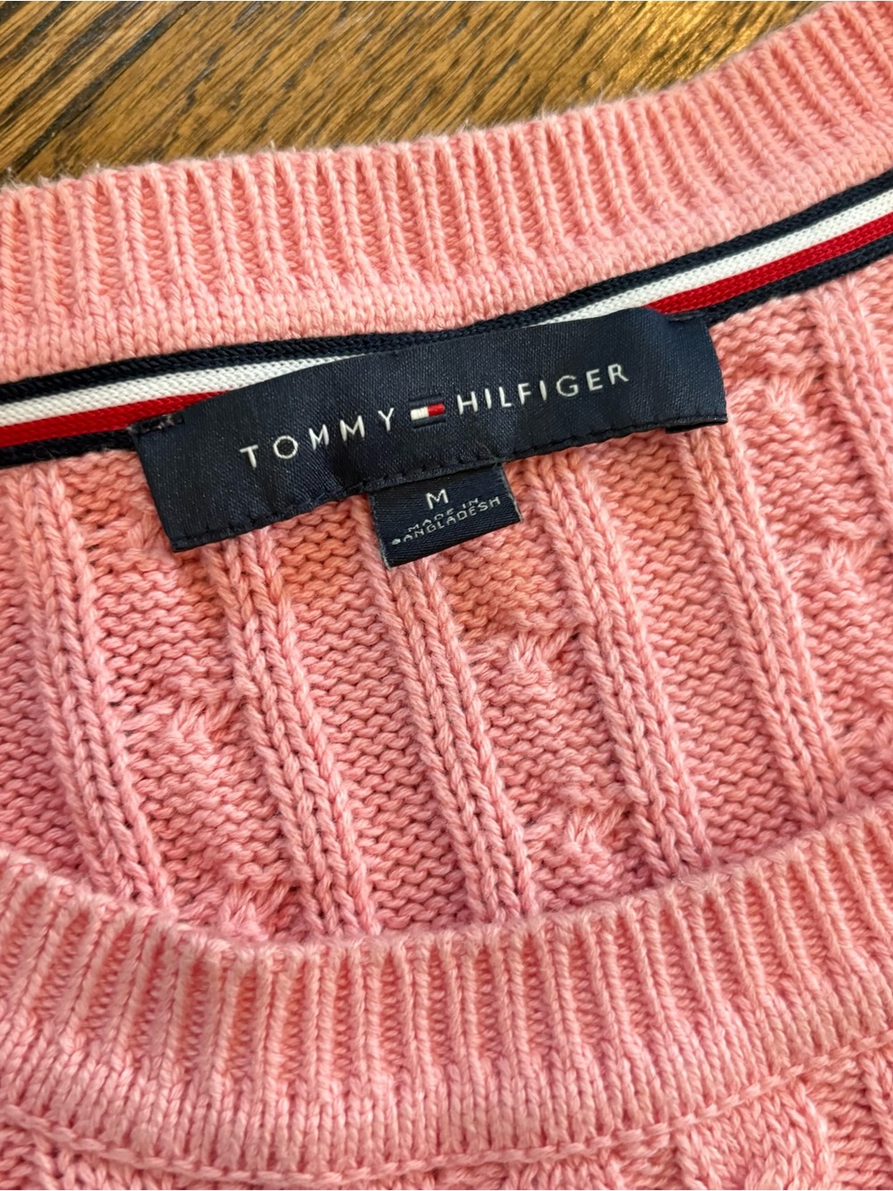 Tommy Hilfiger Pink Cable-Knit Crewneck Sweater with Navy & White Trim - Picture 3 of 6